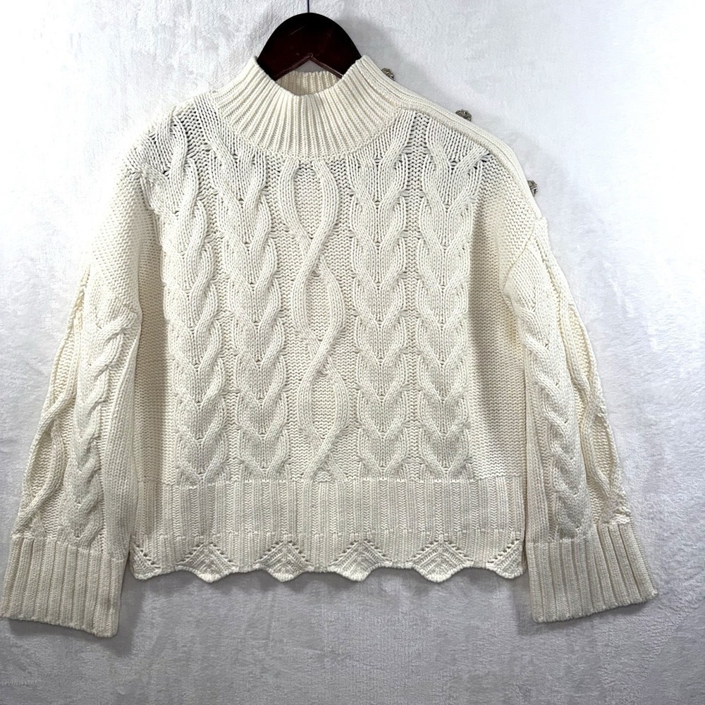 Marc New York Womens Ivory Cable Knit Mock Neck Sweater Rhinestone Shoulder M - Picture 1 of 9